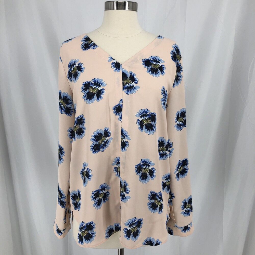 LOFT Women's Pink Floral V-Neck Long Sleeve Pullover Blouse Size Small